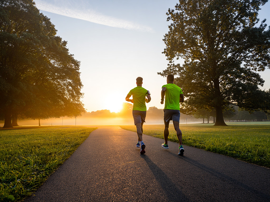 Personer som joggar vid soluppgången